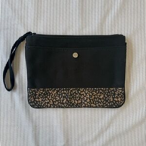 Lands’ End Black Canvas Wristlet Clutch Leopard Print Accent Zip Snap Pocket